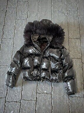 MANIERE DE VOIR Black Hooded Puffer Jacket Coat Size US 12